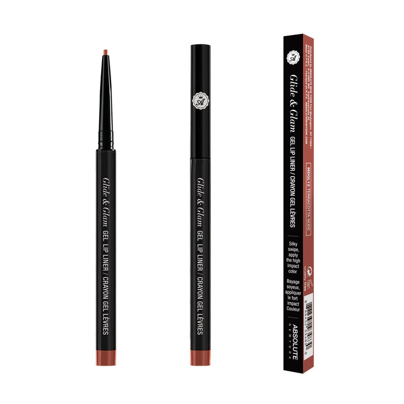 Glide & Glam Gel Lip Liner by ABSOLUTE NEW YORK in Terracotta Nude (MDGL11) - is an orange-brown combo resembling fired clay. Waterproof, long-lasting, creamy formula with an ultra-fine tip for precise application. 0.004 oz/ 0.12 g - Paraben Free, Sulfate Free, Phthalate Free, Fragrance Free; 100% Cruelty-Free.