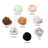 Spout Mask Collection:  Green Clay Mask, Red Clay Mask, Lemon Sugar Face Scrub, Apricot Sugar Face Scrub, Rosehip Sleeping Mask, Aloe Gel Mask, Charcoal Bamboo Peel Off Mask; and Coconut Wash Off Mask.