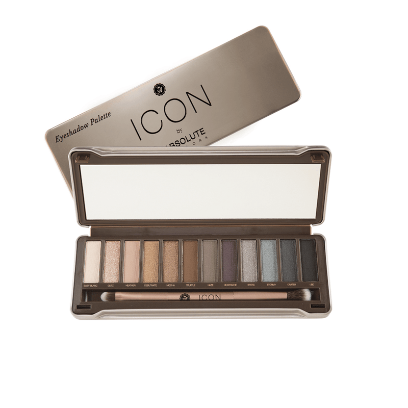 Icon Palette by Absolute New York in Smoked - 12 neutral hues, with warm browns, cool grays, a full-size mirror, and a double ended eyeshadow and blending brush, to create a natural eye look, sultry smokey eye, and everything in between.