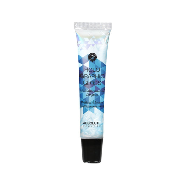Holographic Gloss in Sundrop, by Absolute New York - hydrating, clear lip gloss in a squeeze tube, with iridescent blue micro-shimmer, for a multi-dimensional, accentuated pout!