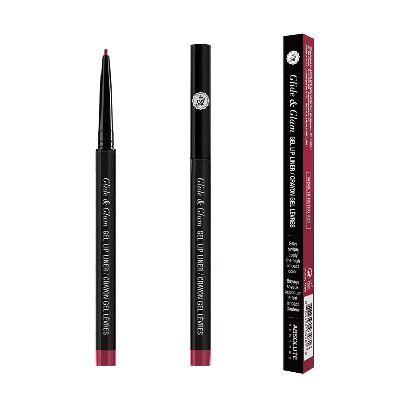Glide & Glam Gel Lip Liner by ABSOLUTE NEW YORK in Retro Red (MDGL10) - is an old school-cool retro mauve-red. Waterproof, long-lasting, creamy formula with an ultra-fine tip for precise application. 0.004 oz/ 0.12 g - Paraben Free, Sulfate Free, Phthalate Free, Fragrance Free; 100% Cruelty-Free.