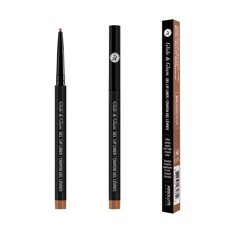 Glide & Glam Gel Lip Liner by ABSOLUTE NEW YORK in Nude Brown (MDGL14) - is a natural brown nude. Waterproof, long-lasting, creamy formula with an ultra-fine tip for precise application. 0.004 oz/ 0.12 g - Paraben Free, Sulfate Free, Phthalate Free, Fragrance Free; 100% Cruelty-Free.