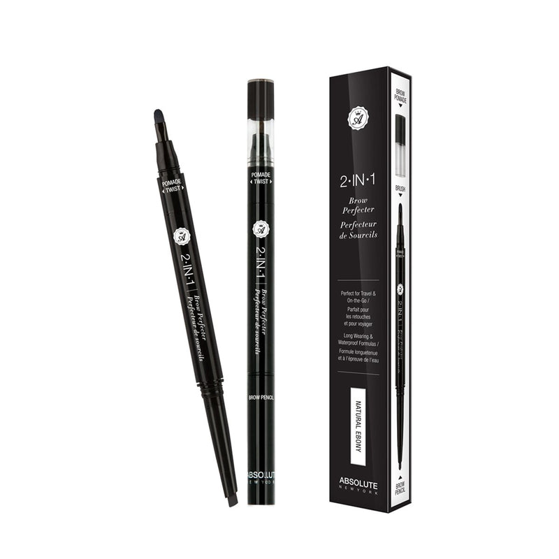 2-in-1 Brow Perfecter (Natural Ebony) - double-ended eyebrow pencil and mini eyebrow pomade and brush, in gray-black. Best suited for dark brown to black hair.