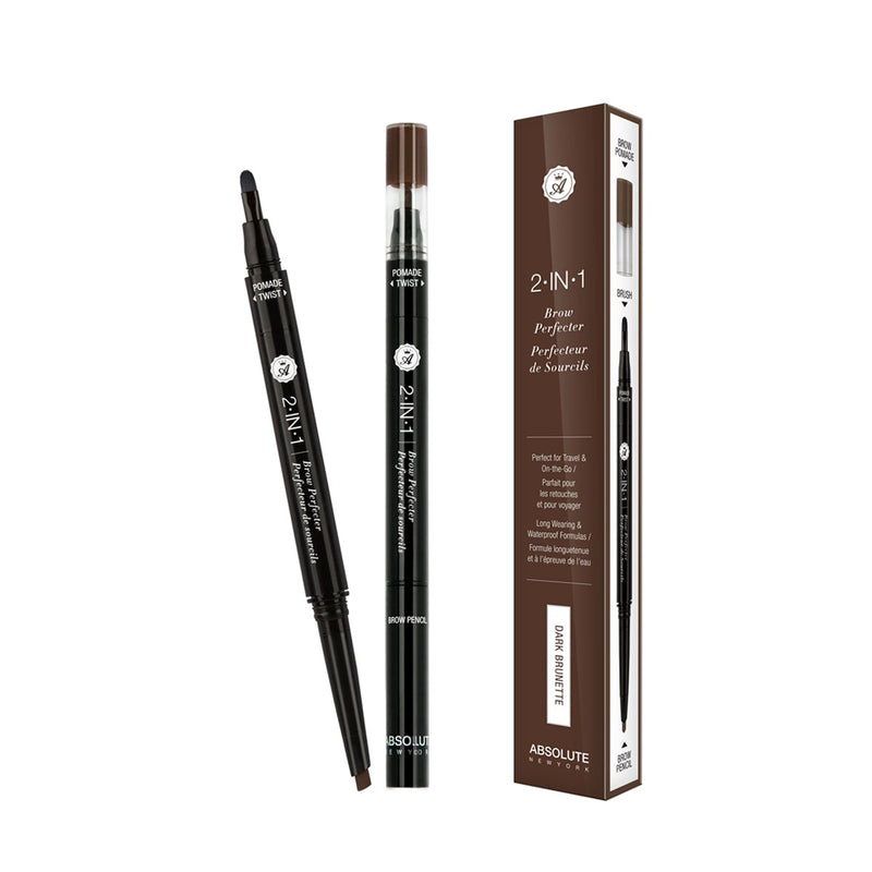 2-in-1 Brow Perfecter (Dark Brunette) - double-ended eyebrow pencil and mini eyebrow pomade and brush, in neutral brown. Best suited for brunettes.