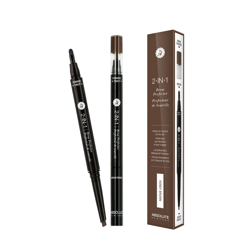 2-in-1 Brow Perfecter (Honey Brown) - double-ended eyebrow pencil and mini eyebrow pomade and brush, in light brown. Best suited for light to dark brown hair with a cool undertone.