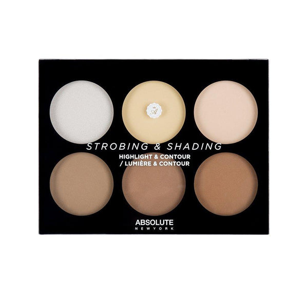 Absolute New York's Strobing and Shading Palette in Light to Medium - a highlight and contour palette featuring 3 strobing powders (1 shimmery highlighter and 2 matte brightening powders), and 3 matte contour powders to find your perfect shade and get the most natural, but defined sculpt.
