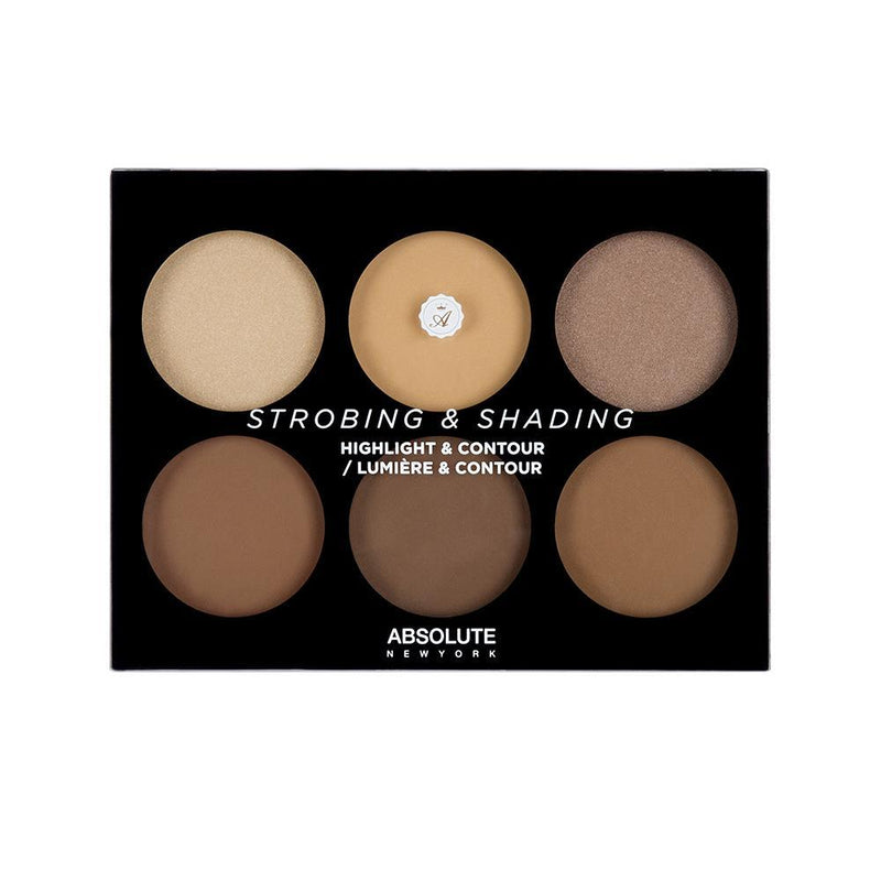 Absolute New York's Strobing and Shading Palette in Tan to Deep - a highlight and contour palette featuring 3 strobing powders (2 shimmery highlighters and 1 matte brightening powder), and 3 matte contour powders to find your perfect shade and get the most natural, but defined sculpt.