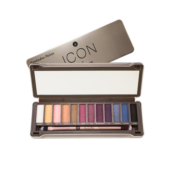 Icon Palette by Absolute New York in Twilight - 12 jewel-toned hues, with light golds and pinks, deep purples, mid-toned blues, a full-size mirror, and a double ended eyeshadow and blending brush, to get summer-ready and enhance your natural eye color.