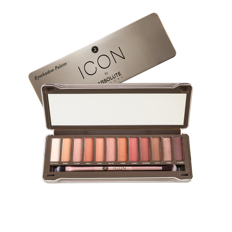 Icon Palette by Absolute New York in Wildfire features 12 amber-toned hues, with warm browns, burnt oranges, rich sienna's, soft nudes, a full-size mirror, and a double ended eyeshadow and blending brush, to create a warm, neutral or glam eye look.
