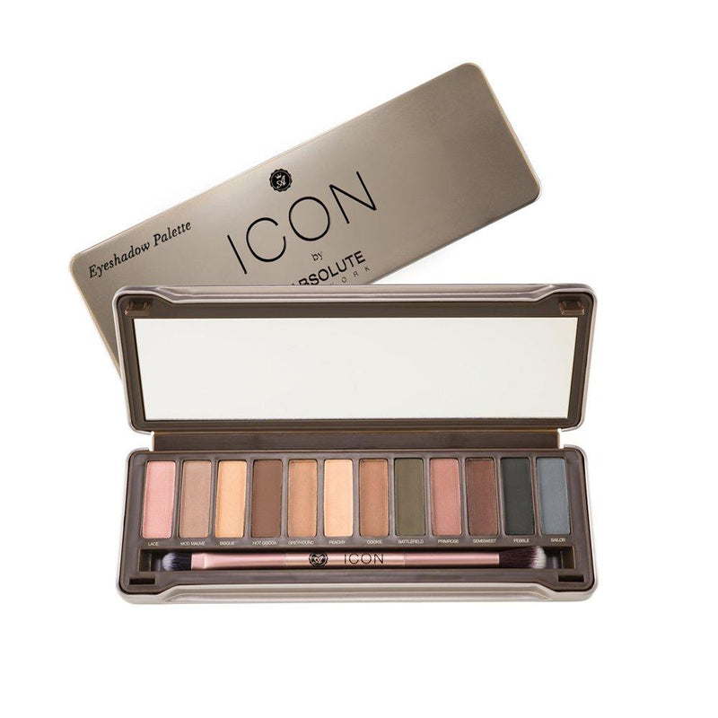 Icon Palette by Absolute New York in Exposed (Matte) - 12 taupe-hued neutrals, from fair nudes to smokey grays, a full-size mirror, and a double ended eyeshadow and blending brush, for eye-brightening neutral looks to sultry, smokey eyes.