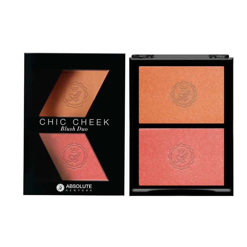 Chic Cheek Powder Blush Duo by Absolute New York (Peach Fuzz/Coral Gold) - shimmery light peach blush with gold micro-pearls and shimmery coral pink blush with gold micro-pearls.