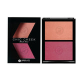 Chic Cheek Powder Blush Duo by Absolute New York (Pinched/Flushed) - satin-finished peachy nude blush and shimmery light fuchsia pink blush with light pink micro-pearls.