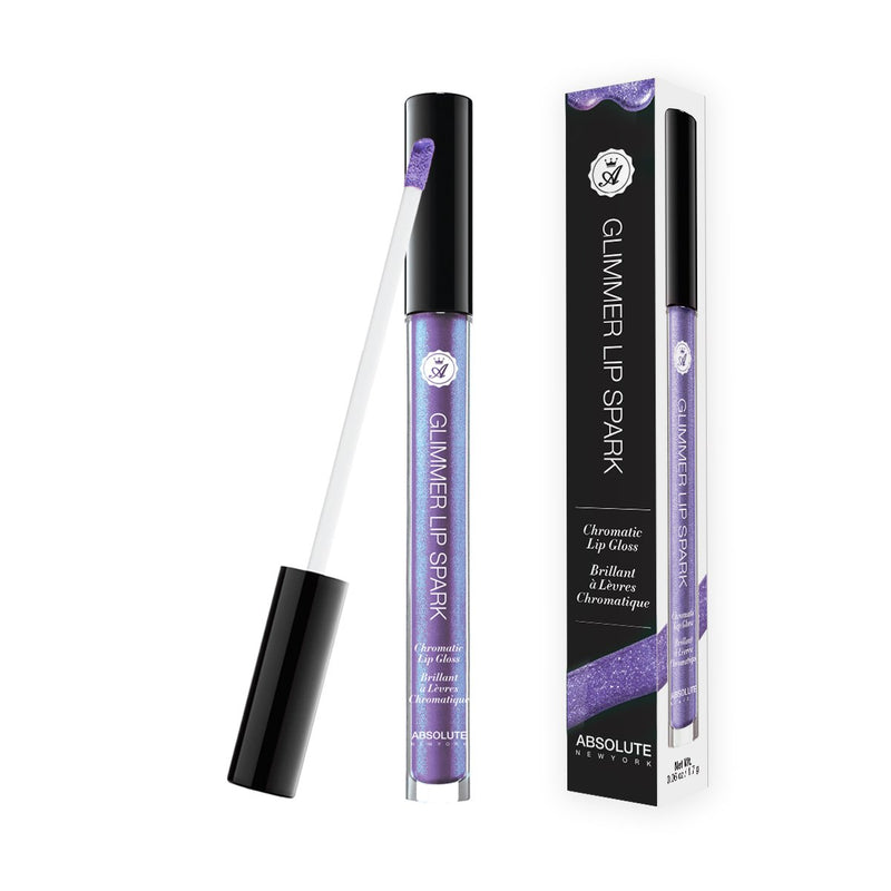 Amethyst Glimmer Lip Spark by Absolute New York - metallic, demi-matte liquid lipstick and lip topper with wand, in amethyst purple with blue micro-shimmer.