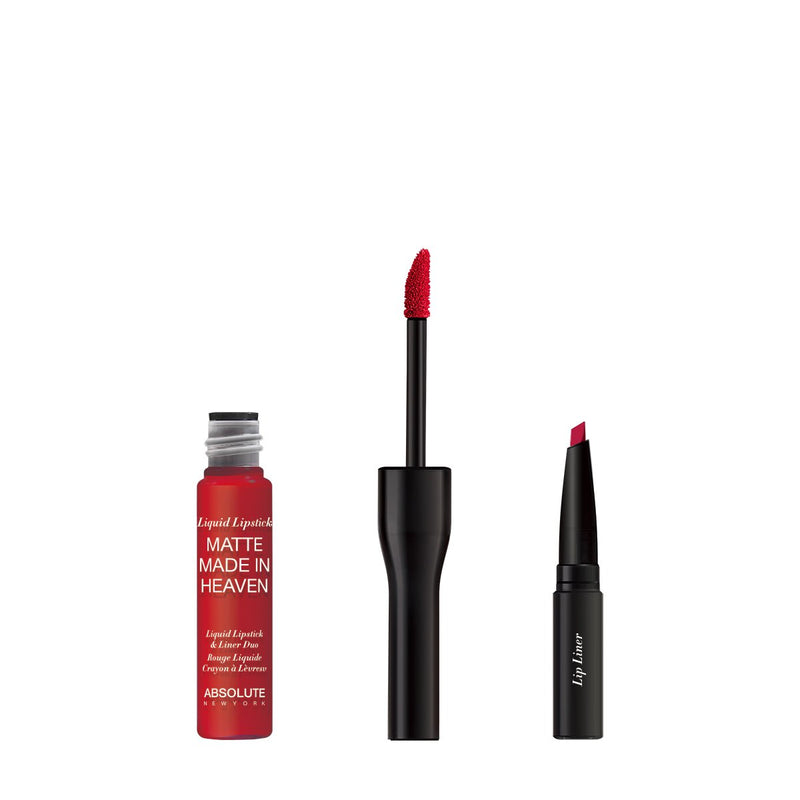 Matte Made in Heaven by ABSOLUTE NEW YORK in Fever (MLIH04) - is a crimson red matte liquid lipstick & liner duo. Twist off to unlock the liquid lipstick or pull off the top to reveal the lip liner.  0.5 ounces / 0.80 grams