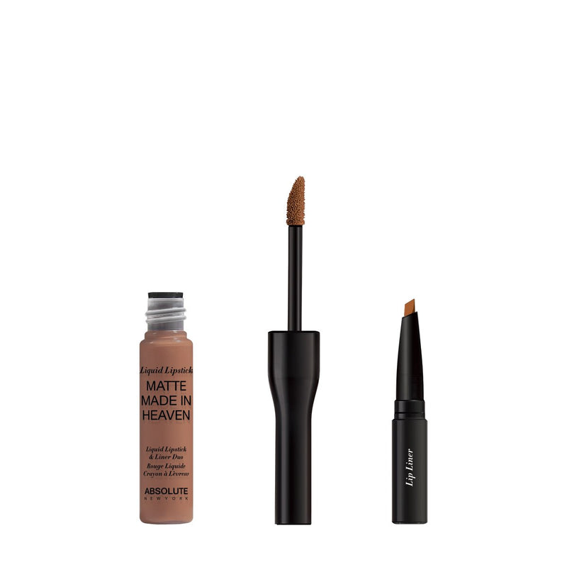Matte Made in Heaven by ABSOLUTE NEW YORK in Chai (MLIH07) - is a light mocha nude matte liquid lipstick & liner duo. Twist off to unlock the liquid lipstick or pull off the top to reveal the lip liner.  0.5 ounces / 0.80 grams
